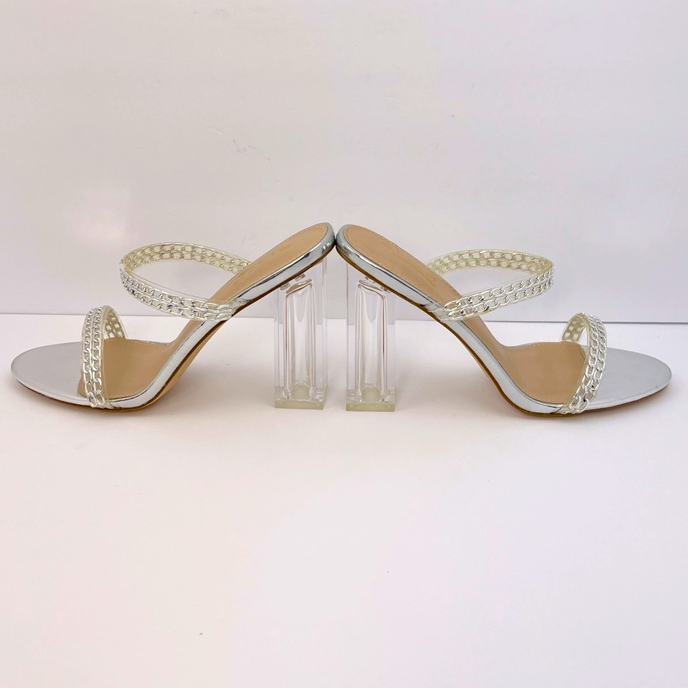 GLAZE SILVER CHAIN STRAPPY SANDALS, ALL MAN-MADE MATRIAL, WOMEN’S SIZE 10 - Picture 12 of 17